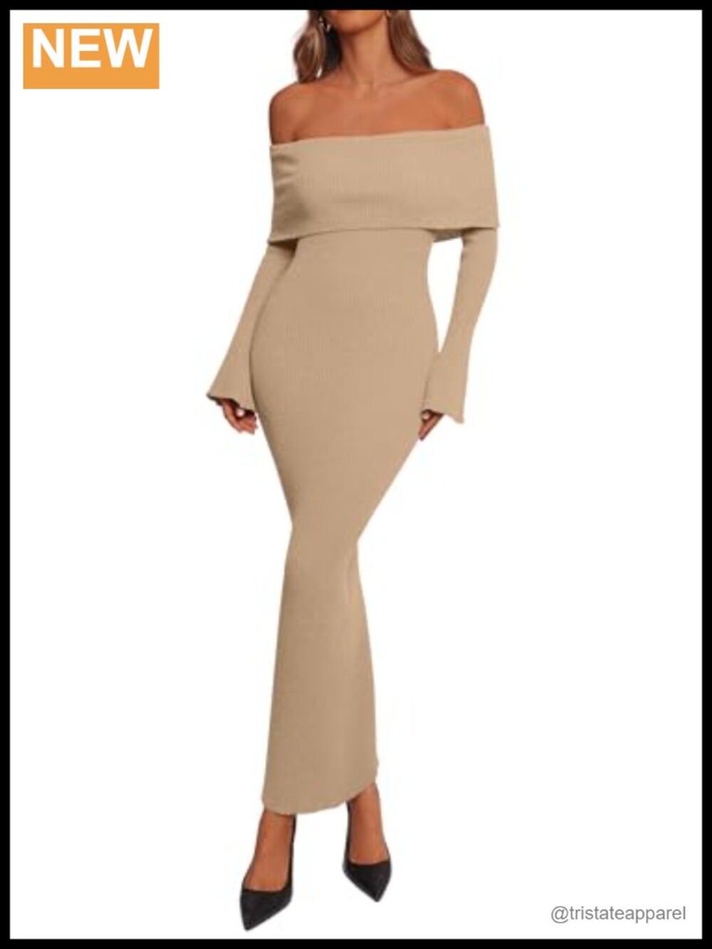 Women's Off The Shoulder Bodycon Maxi Sweater Dress Ribbed Knit Long Bell Sleeve